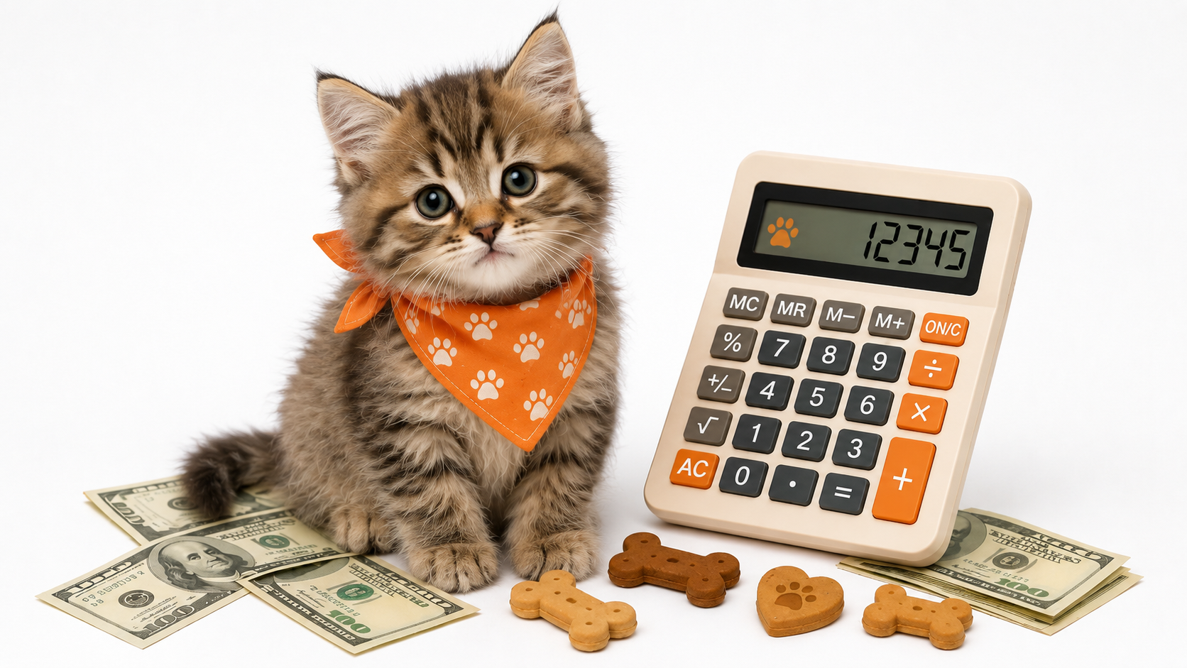 Cute cat with a calculator and money